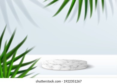 Plataforma de mármol blanco para la presentación de productos. Escena de naturaleza mínima con paracaídas peatonal de piedra natural. Ilustración vectorial 3d de la exposición cosmética o de la ceremonia de entrega de premios