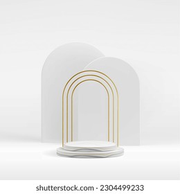 White marble podium steps on arches of concrete and thin golden wires. Shiny realistic cosmetic product mockup.