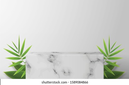 White marble Square podium in white background. decor by monstera leaves and blank Brand product mockup scene stage for product, sale, banner, presentation, cosmetics, offer. 3d illustration vector