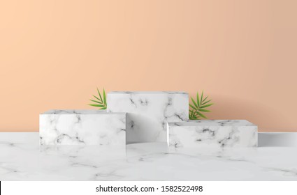 White marble Square, rectangle podium in white background. decor by palm, monstera leaves scene stage mockup showcase for product, sale, banner, presentation, cosmetic, offer. 3d illustration vector.