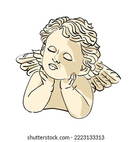 white marble statue of cupid with closed eyes and wings. open book cartoon sketch on a white background