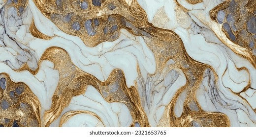 White marble stone with golden glitter veins,gold foil,decorative marbling background, texture of .Epoxy resin geode agate wallpaper,shimmer cracks.Fluid art alcohol ink painting.Wedding card template