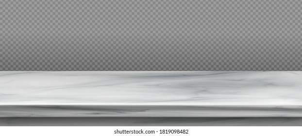 White marble table top, stone display stand. Vector realistic mockup of empty shelf, kitchen countertop isolated on transparent background. Bar desk surface in foreground