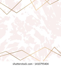 White marble texture with gold geometric frame. Vector design.