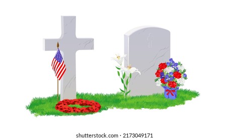 A white marble tombstone and a cross on green grass, a bouquet of red poppies and an American flag. The grave is decorated with a flower wreath. Commemorative date of Great Britain, Canada and the USA