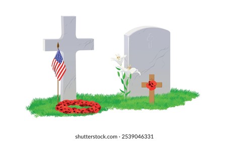 Weißer Marmorgrabstein und Kreuz auf grünem Gras, ein Strauß roter Mohnblumen und eine amerikanische Flagge. Das Grab ist mit einem Blumenkranz verziert. Gedenktag Großbritannien, Kanada und USA