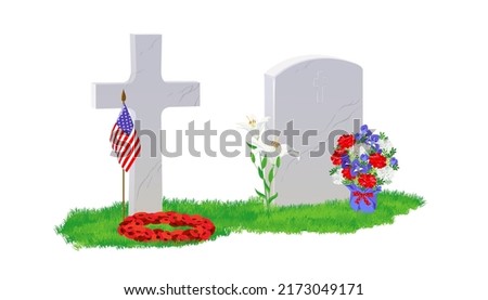 A white marble tombstone and a cross on green grass, a bouquet of red poppies and an American flag. The grave is decorated with a flower wreath. Commemorative date of Great Britain, Canada and the USA