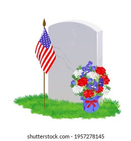 A white marble tombstone on the green grass.A bouquet of white, blue and red flowers. An American flag adorns the grave on Memorial Day. Vector illustration.