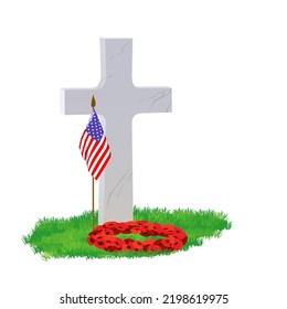 A white marble tombstone in the shape of a cross on green grass, a bouquet of red poppies. On Memorial Day, the grave is decorated with a floral wreath. A memorable date of Great Britain and Canada.