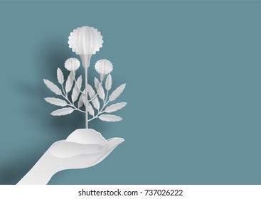 White marigold tree in two hand in Paper Cutting Style .Rama 9 King of Thailand 