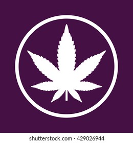 White marijuana leaf icon in circle. Purple background