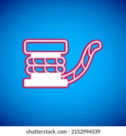 White Marine bollard with rope tied on pier icon isolated on blue background.  Vector
