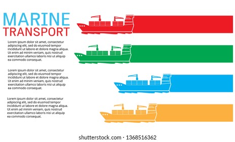 White marine cargo ship bound for export and import goods, add text to complete. Vector style
