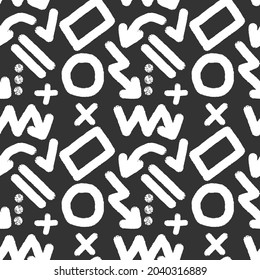 White marker elements seamless pattern. Set of highlighter symbols, shapes and arrows vector illustration. Isolated on black background.