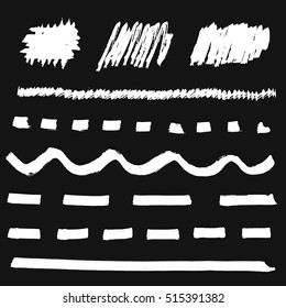White marker lines collection. Set of different hand drawn strokes, stains and lines on black background. Vector elements for your design.