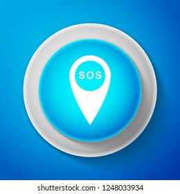 White Marker location with SOS icon isolated on blue background. SOS call location marker. Map pointer sign. SOS pinpoint sign with text. Circle blue button with white line. Vector illustration
