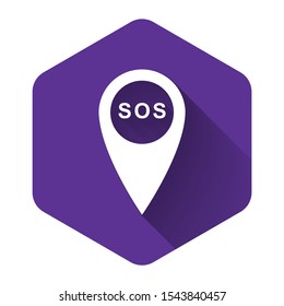 White Marker location with SOS icon isolated with long shadow. SOS call location marker. Map pointer sign. SOS pinpoint sign with text. Purple hexagon button. Vector Illustration