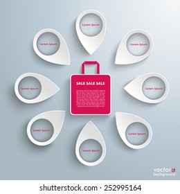 White markers with shopping bag on the gray background. Eps 10 vector file.