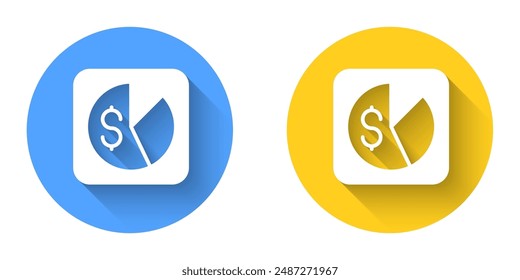 White Market analysis icon isolated with long shadow background. Report text file icon. Accounting sign. Audit, analysis, planning. Circle button. Vector