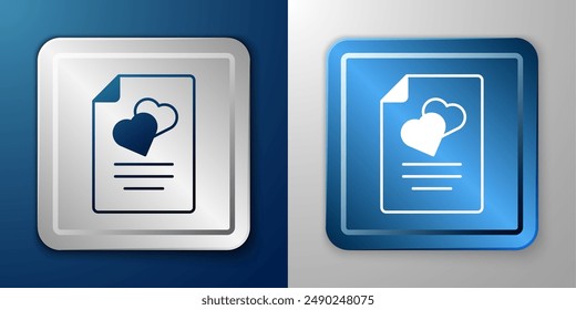 White Marriage contract icon isolated on blue and grey background. Wedding certificate. Silver and blue square button. Vector