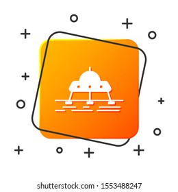 White Mars rover icon isolated on white background. Moonwalker sign. Apparatus for studying planets surface. Orange square button. Vector Illustration