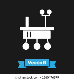 White Mars rover icon isolated on black background. Space rover. Moonwalker sign. Apparatus for studying planets surface.  Vector Illustration