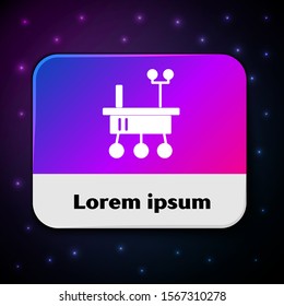 White Mars rover icon isolated on black background. Space rover. Moonwalker sign. Apparatus for studying planets surface. Rectangle color button. Vector Illustration