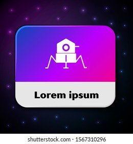 White Mars rover icon isolated on black background. Space rover. Moonwalker sign. Apparatus for studying planets surface. Rectangle color button. Vector Illustration