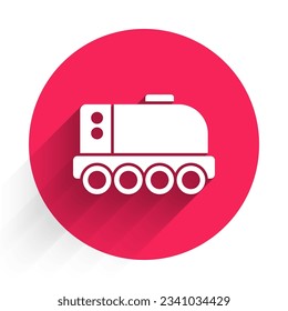 White Mars rover icon isolated with long shadow. Space rover. Moonwalker sign. Apparatus for studying planets surface. Red circle button. Vector