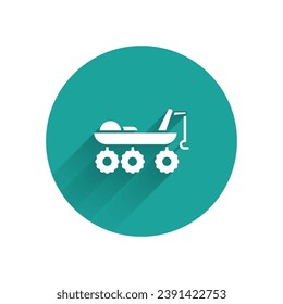 White Mars rover icon isolated with long shadow. Space rover. Moonwalker sign. Apparatus for studying planets surface. Green circle button. Vector Illustration