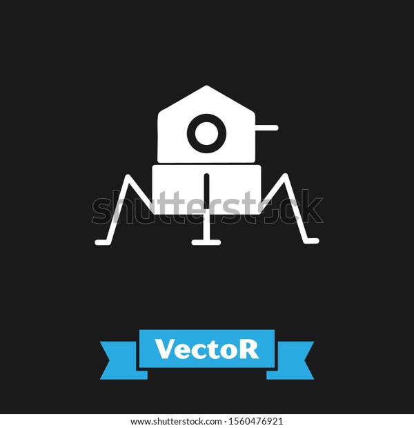 White Mars rover icon isolated on black\
background. Space rover. Moonwalker sign. Apparatus for studying\
planets surface.  Vector\
Illustration