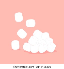 White marshmallows isolated on pink background. Pile of marshmallow.