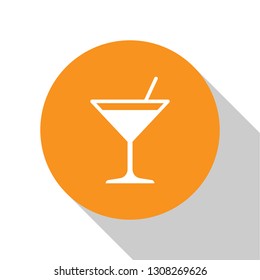 White Martini glass icon isolated on white background. Cocktail icon. Wine glass icon. Orange circle button. Flat design. Vector Illustration