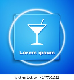 White Martini glass icon isolated on blue background. Cocktail icon. Wine glass icon. Blue square button. Vector Illustration