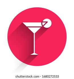 White Martini glass icon isolated with long shadow. Cocktail icon. Wine glass icon. Red circle button. Vector Illustration