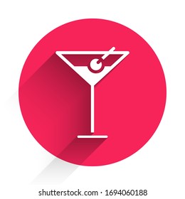 White Martini glass icon isolated with long shadow. Cocktail icon. Wine glass icon. Red circle button. Vector Illustration