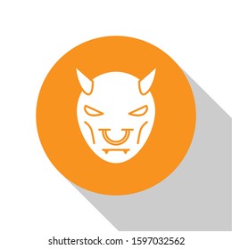 White Mask of the devil with horns icon isolated on white background. Orange circle button. Vector Illustration