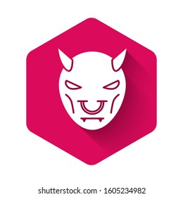 White Mask of the devil with horns icon isolated with long shadow. Pink hexagon button. Vector Illustration