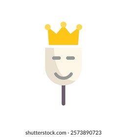 White mask with a happy expression wearing a golden crown, representing the concepts of happiness and royalty