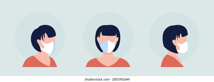 White mask wearer semi flat color vector character avatar set. Portrait with respirator from front and side view. Isolated modern cartoon style illustration for graphic design and animation pack