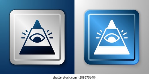 White Masons symbol All-seeing eye of God icon isolated on blue and grey background. The eye of Providence in the triangle. Silver and blue square button. Vector