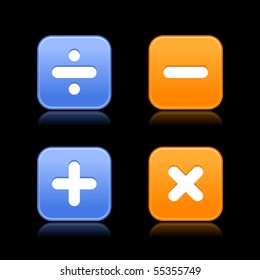 White math symbols on web 2.0 buttons. Satin colorful rounded square shapes with reflection on black background