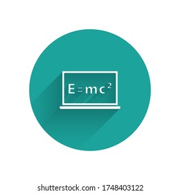 White Math system of equation solution on chalkboard icon isolated with long shadow. E equals mc squared equation on computer screen. Green circle button. Vector