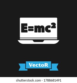 White Math system of equation solution on laptop icon isolated on black background. E equals mc squared equation on computer screen.  Vector