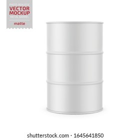 White matte 200 l metal barrel. Container for liquid chemical products - oil, fuel, gasoline. Photo-realistic packaging vector mockup template. Vector 3d illustration.