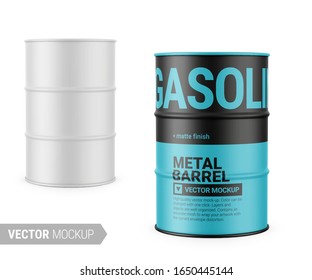 White matte 200 l metal barrel. Container for liquid chemical products - oil, fuel, gasoline. Photo-realistic packaging vector mockup template with sample design. Vector 3d illustration.