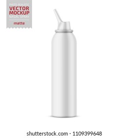 White matte aluminum bottle with sprayer for nasal spray. 125 ml. Photo-realistic packaging mockup template. Vector illustration.