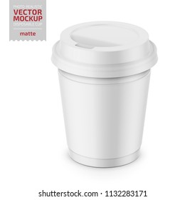 White Matte Disposable Cup With Paper Sleeve And Plastic Lid For Hot Beverage Coffee, Tea, Espresso. 250 Ml. Photo-realistic Packaging Mockup Template. Vector 3d Illustration.