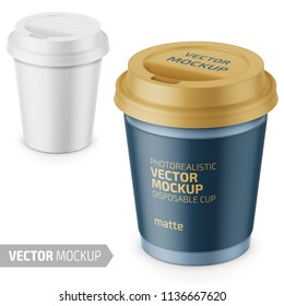 White Matte Disposable Cup With Paper Sleeve And Plastic Lid For Hot Beverage Coffee, Tea, Espresso. 250 Ml. Photo-realistic Packaging Mockup Template With Sample Design. Vector 3d Illustration.