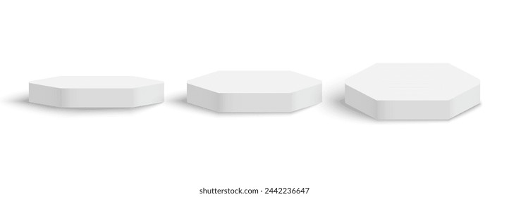 White matte hexagonal podium, winner platform or product display from different angles. White hexagon stage, exhibition stand isolated on transparent background, 3d vector.